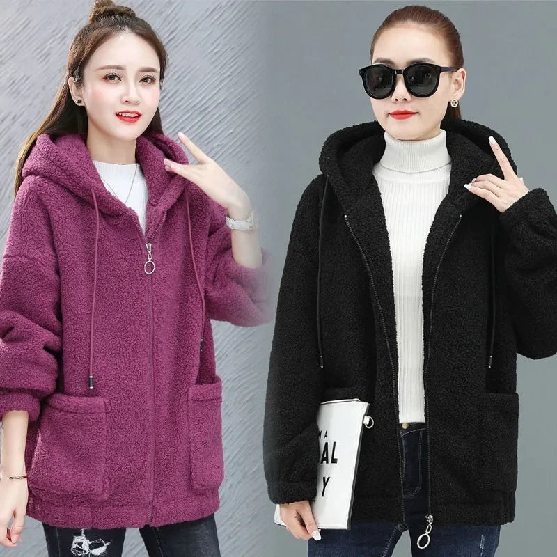 Lamb Velvet Hoodie Women's Thickened Fleece Teddy Velvet Loose Autumn Winter Korean Style Zipper Cardigan 082