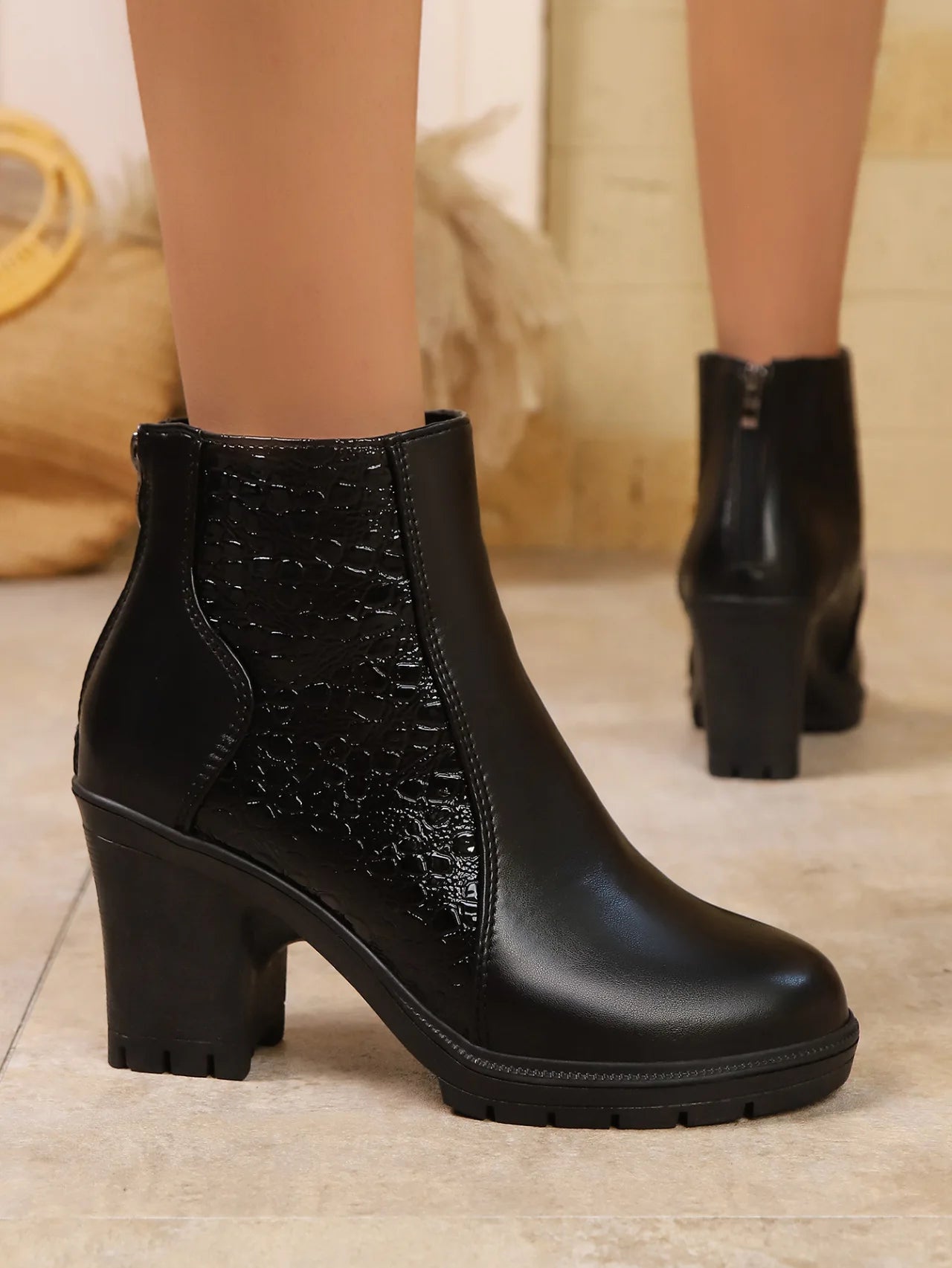 British Style Round Toe High Heel Short Boots for Women Back Zip PU Leather Autumn Winter Ankle Boots Botines Para Mujeres