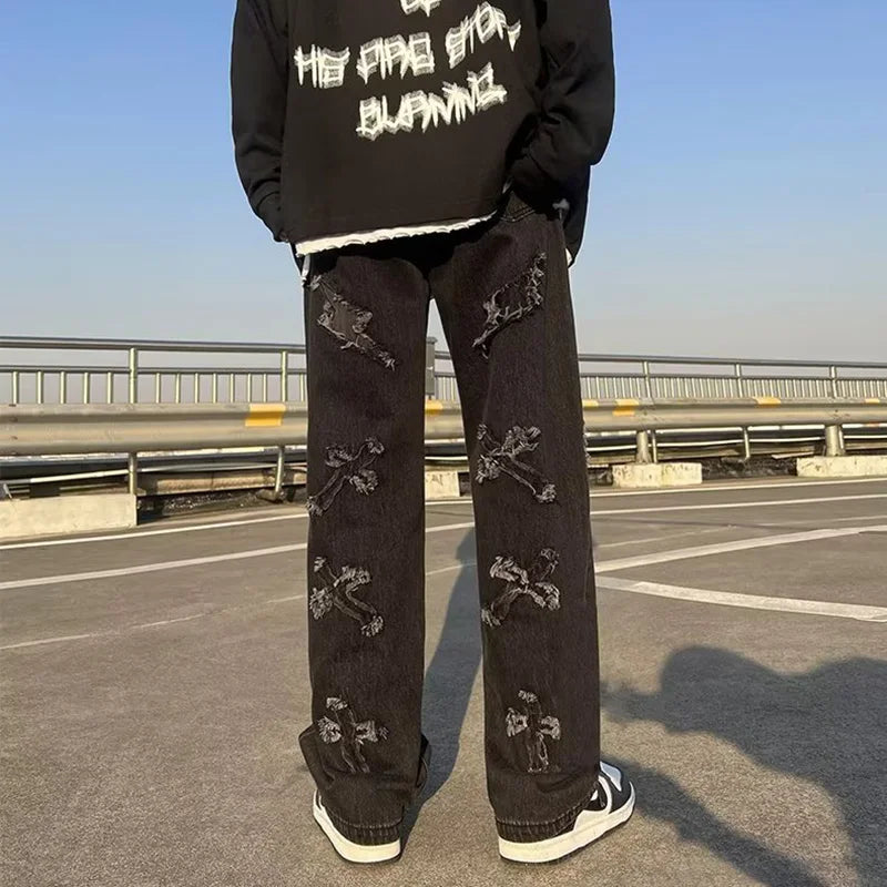 Men Straight Leg Denim Jeans Male New Fashion Casual Loose High Street Y2k Pants New Wide Leg Hip Hop Black Blue Pants
