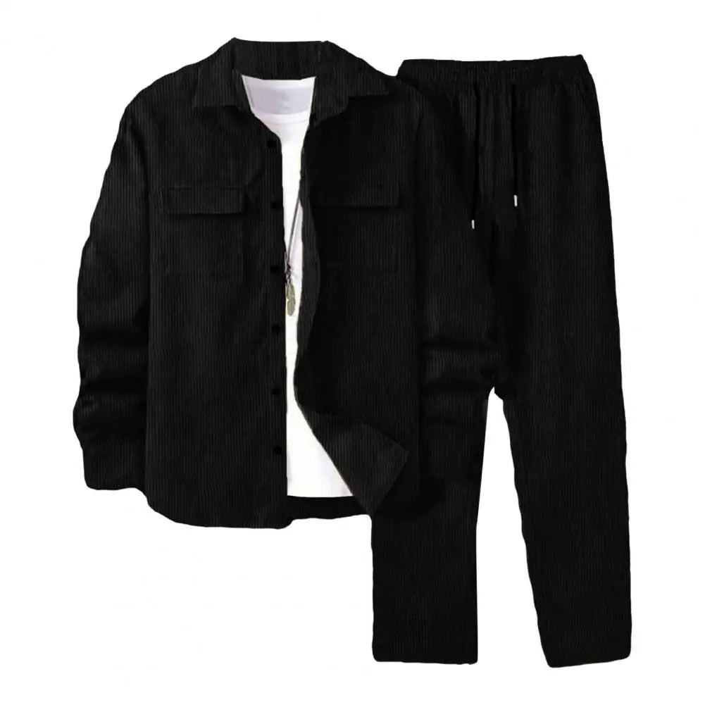 Long-sleeved Jacket Trousers Set Versatile Sportswear Outfit Men's Lapel Long Sleeve Sportwear Set with Flap for Athletes
