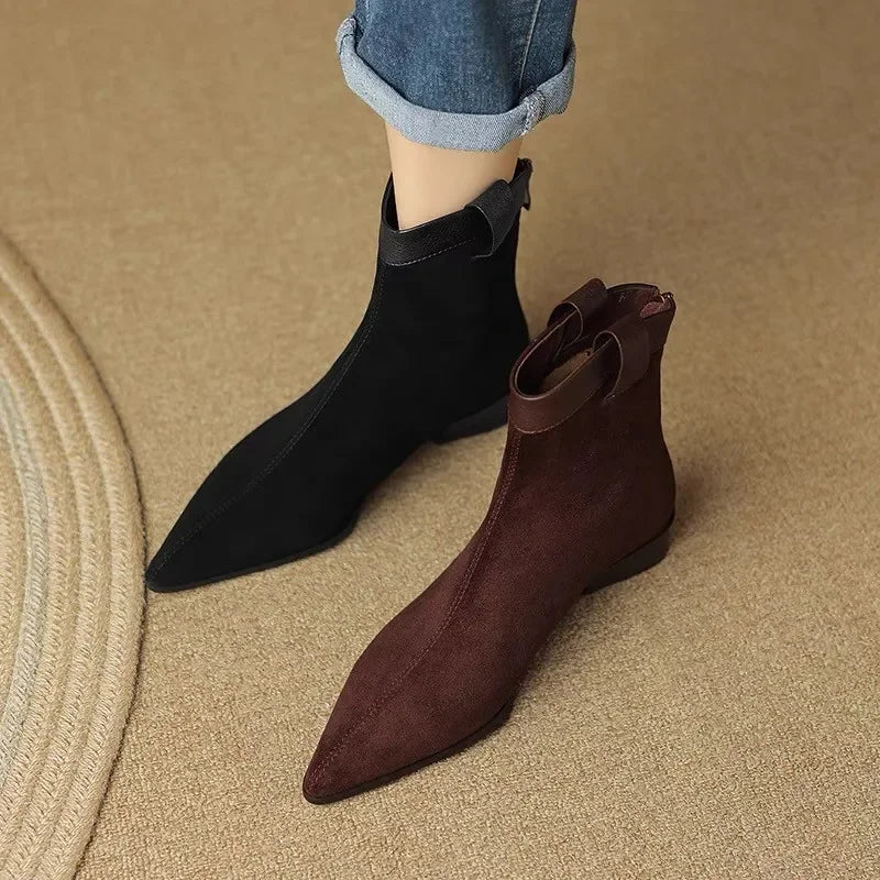 Scrub Ankle Boots Sheepskin Suede Pointed Toe Block Heel Chelsea Booties Fall Winter Suede Western Boots for Women