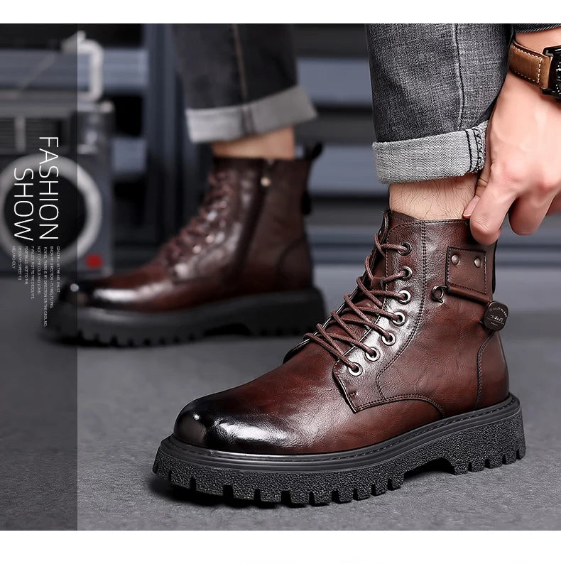 Men's High-Top Boots: British Style Thickened Sole Genuine Leather Indestructible Work Boots, Couple Big Yellow Boots for Men an