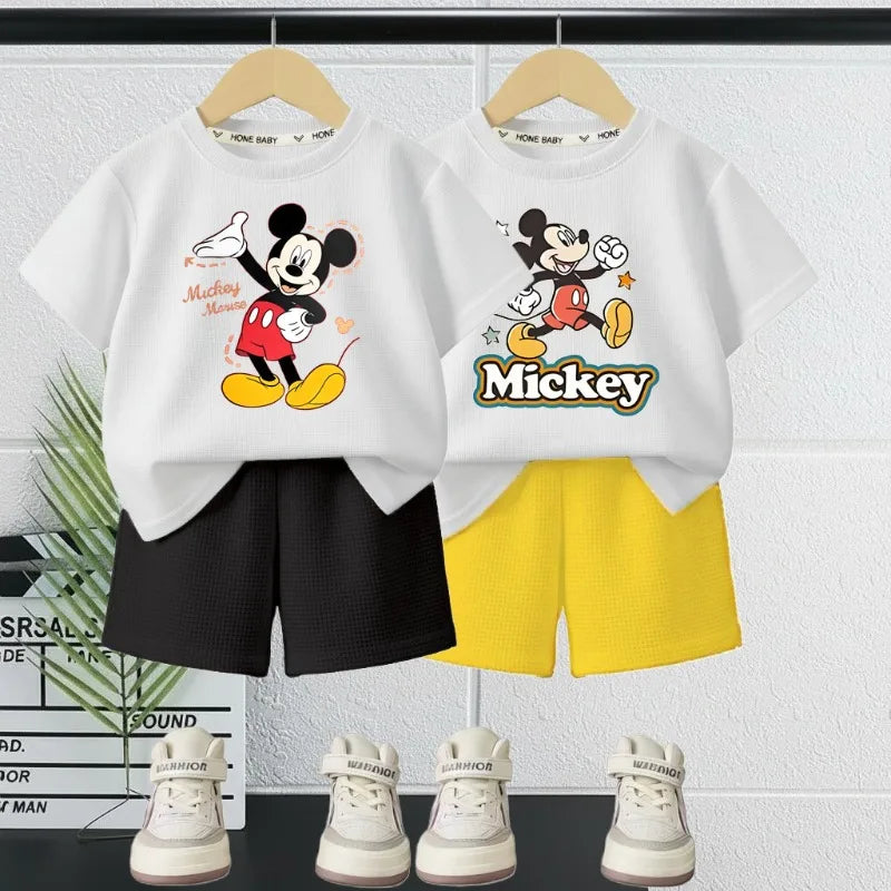 DISNEY Mickey Printed Summer Boys Casual Outfits Children Breathable T Shirt and Short Bottom Two Piece Set Kids Shorts Set New