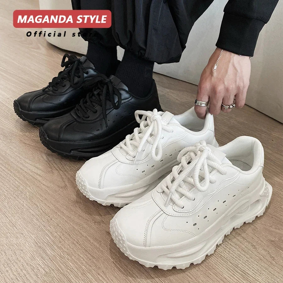 Sports shoes for men casual leather shoes street fashion brand design shock absorption soft sole height increasing dad shoes