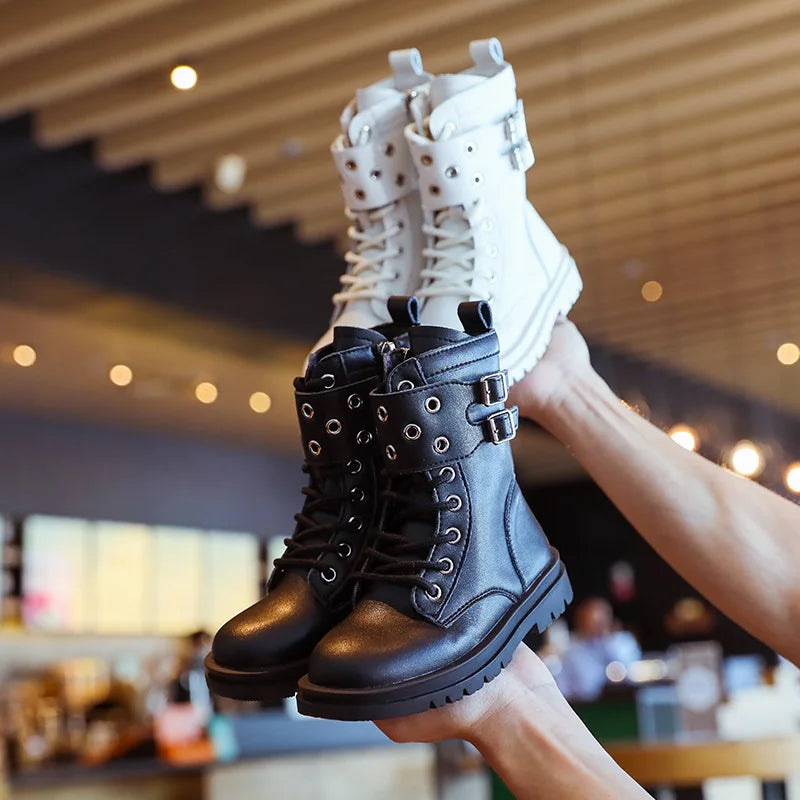 2021 Kids Fashion Little Girl Shoes Child Sneaker Autumn Boots Girl Middle Tube Boots  White Black 3 4 5 6 7 8 9 10 11 12 Years