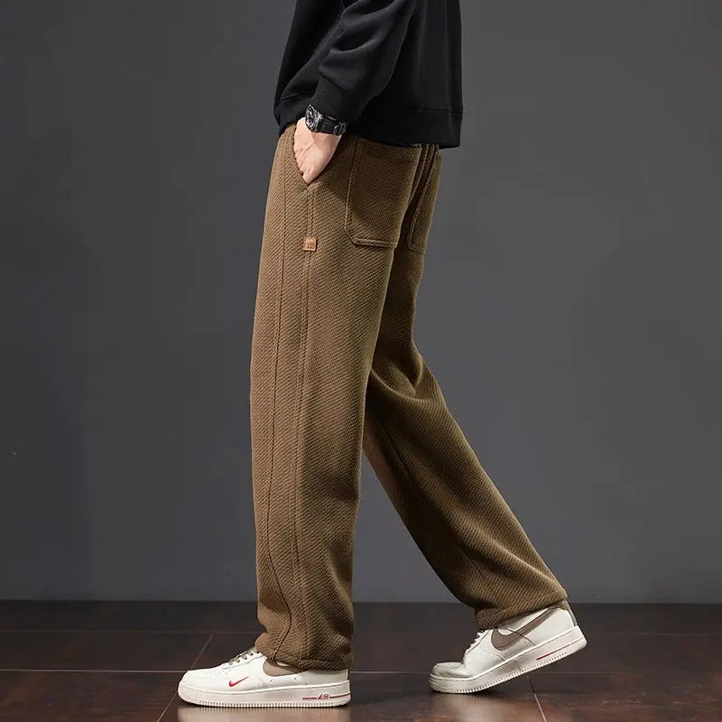 Autumn and Winter Plush Knitted Plaid Comfortable Wide Leg Straight Casual Pants Men Slacks Men's Pants Plush Slacks