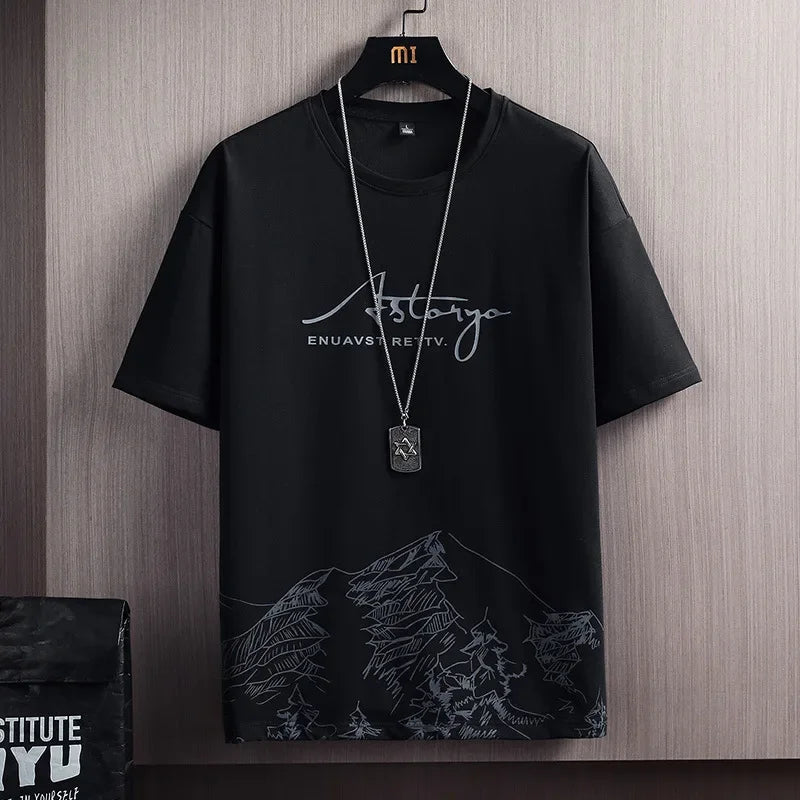 Ice Sensation Printed Summer Short Sleeve T-Shirt Set Men's Loose Basketball Sports Two-Piece Quick Dry Breathable Casual Wear