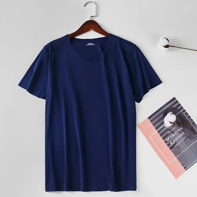 Summer Seamless Breathable Ice Silk T-Shirt Vest Men's Sports Short Sleeve T-shirt Solid Color V-neck Tees Quick Dry Shirt Tops
