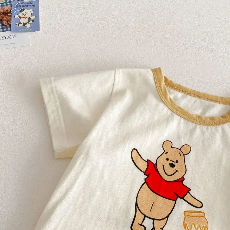 Baby Cartoon 2pcs Set for Summer Winnie Bear Short Sleeve T-shirt Loose Denim Straps Shorts Girl and Boy Clothes Set