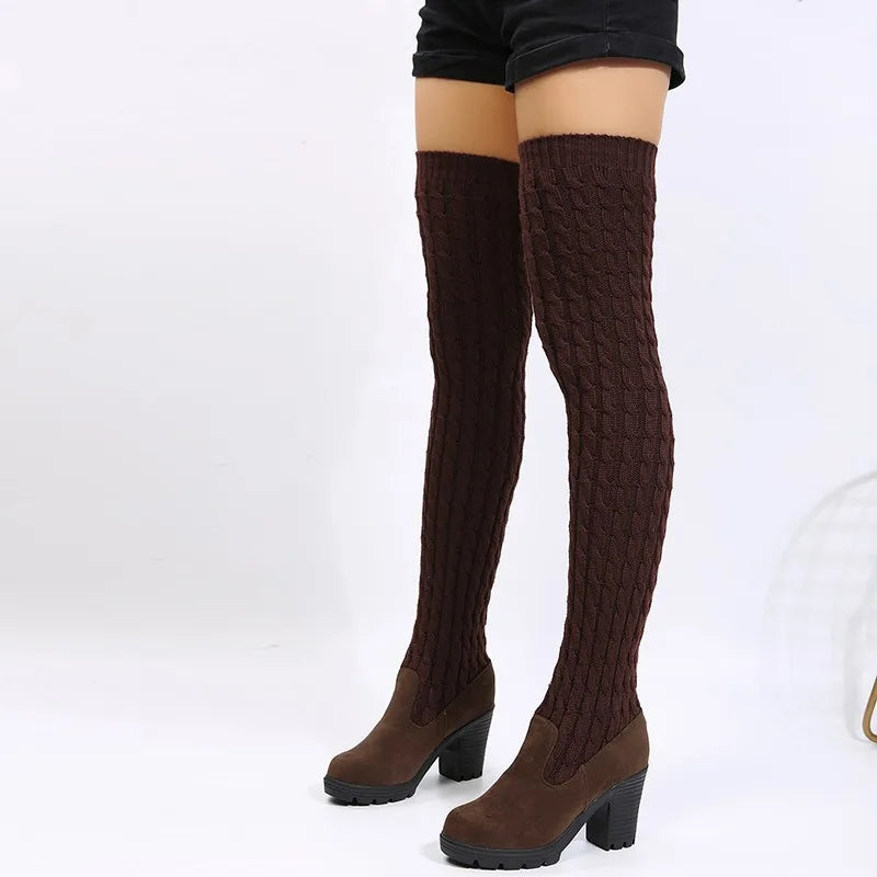 Women's Boots 2026 Autumn Winter High Heels Boots for Woman Shoes Knitting Wool Long Boot Women Brown/Black Boot Ladies Shoes