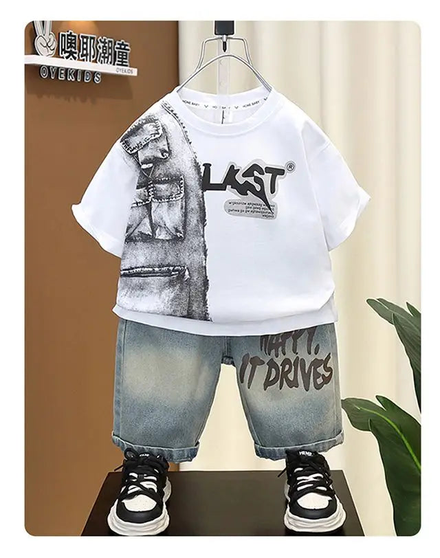 Korean Baby Boys Summer Sets Children's Clothing Short-Sleeved Letter T-Shirt & Denim Shorts Kids Boys Outfits Clothes 2-11Y