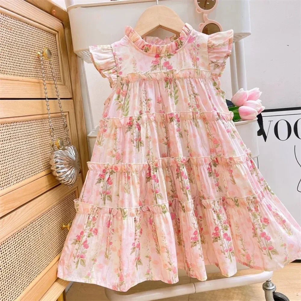Pink Dreamy Sweet Girl Fairy Princess Dress Sleeveless Bow Decoration Mesh Lace Children's Casual Clothes Birthday Party Summer