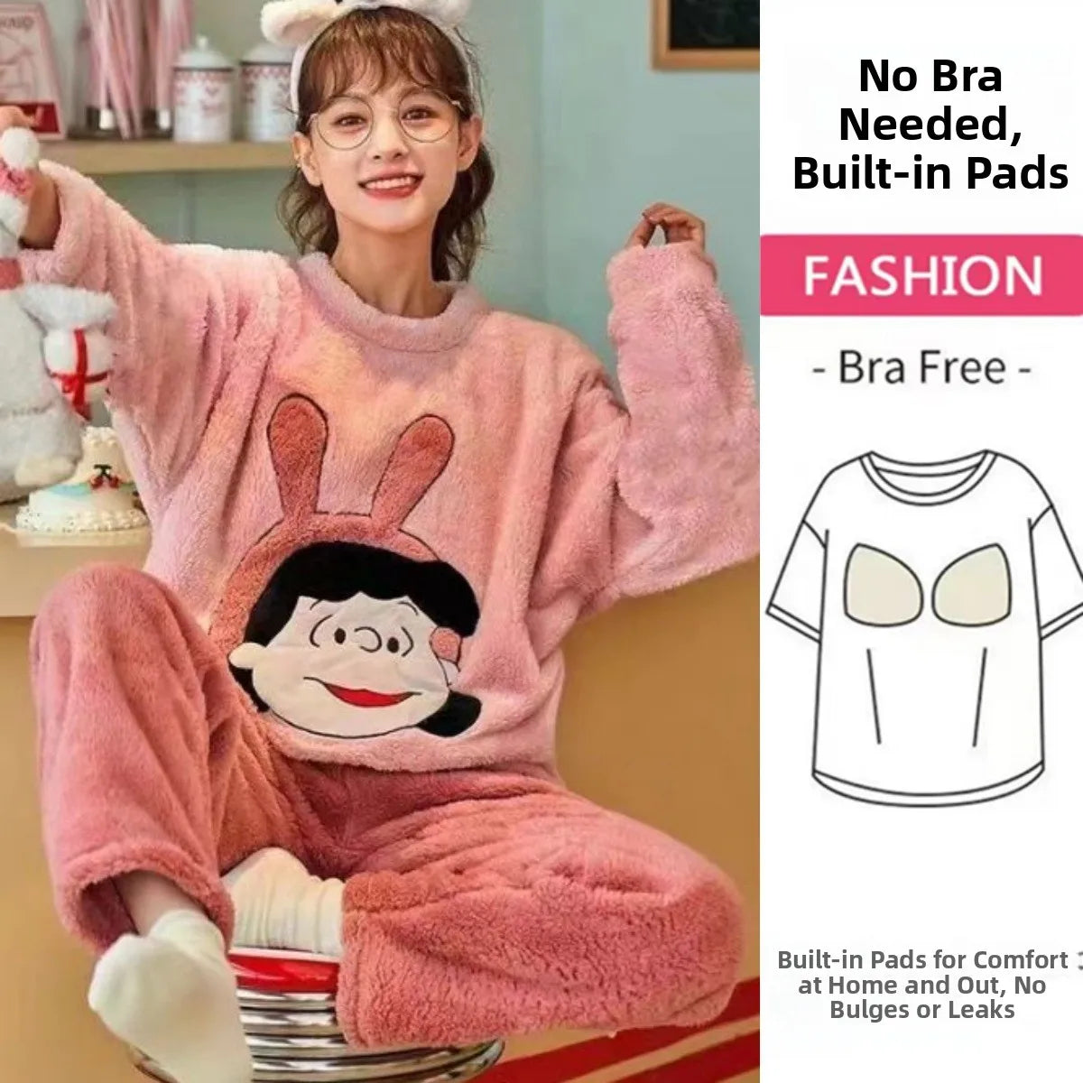 Thickened Long Sleeve Home Clothes Set with Chest Pad Winter Coral Fleece Korean Style Student Cute Large Size Home Clothes Set