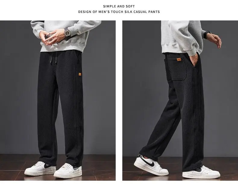 Autumn and Winter Plush Knitted Plaid Comfortable Wide Leg Straight Casual Pants Men Slacks Men's Pants Plush Slacks