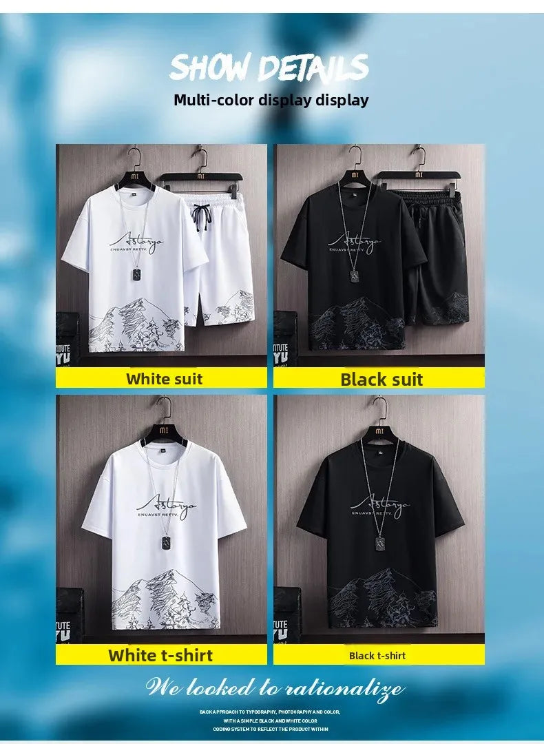 Ice Sensation Printed Summer Short Sleeve T-Shirt Set Men's Loose Basketball Sports Two-Piece Quick Dry Breathable Casual Wear