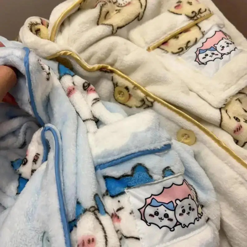 Chikawa Flannel Pjs Thicken Winter Usagi Long Sleeved Pajama Pants Set for Women Plus Velvet Cute Blue Hachiware Home Clothes