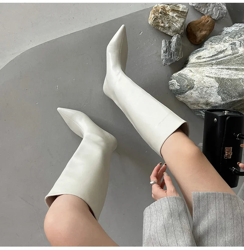 2025 new Autumn Winter Long boots Cosy Pointed Toe Woman Knee-High Boots Slip-On Low Thin Heels Cowboy Ladies Shoes Botas Mujer