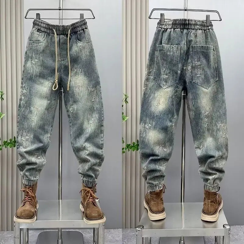 2025 Spring and Autumn Trendy Men's Versatile Cool and Trendy Washed Blue Casual Fashion Drawstring Loose Fit Jeans