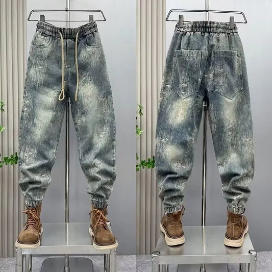 2025 Spring and Autumn Trendy Men's Versatile Cool and Trendy Washed Blue Casual Fashion Drawstring Loose Fit Jeans