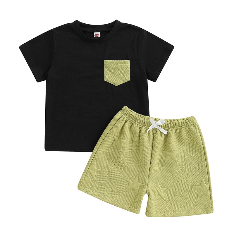 Pudcoco Kids Baby Boys Shorts Set, Short Sleeve T-shirt with Elastic Waist Stars Shorts Toddler Set Summer Outfit
