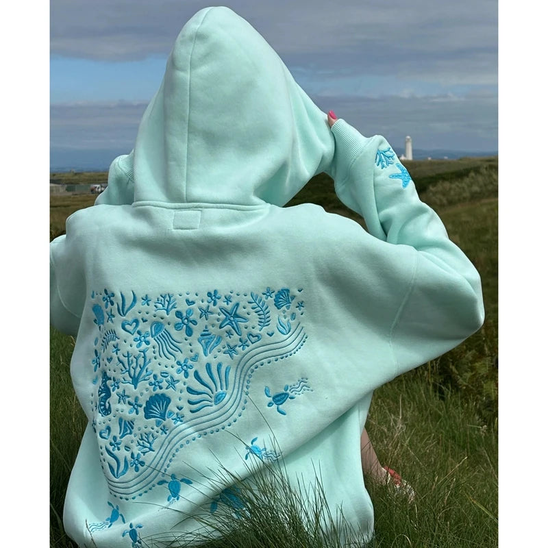 Combhasaki Cute Hoodies for Teen Girls Graphic Embroidery Oversized Preppy Sweatshirt Y2K Long Sleeve Aesthetic Beach Hooded Top