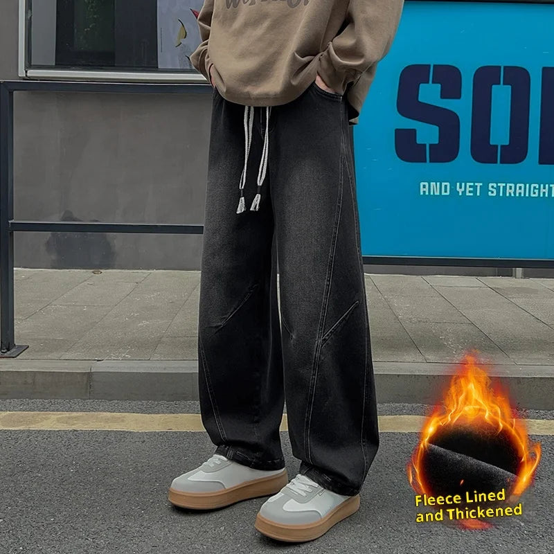 Men's Fleece-Lined Thick Wide-Leg Jeans with Vintage Washed Design, Elastic Drawstring Waist, Winter Warmth That Doesn'T Freeze the Legs, Available in Black/Blue, Loose Fit That Makes You Look Slimmer and Taller, Suitable for