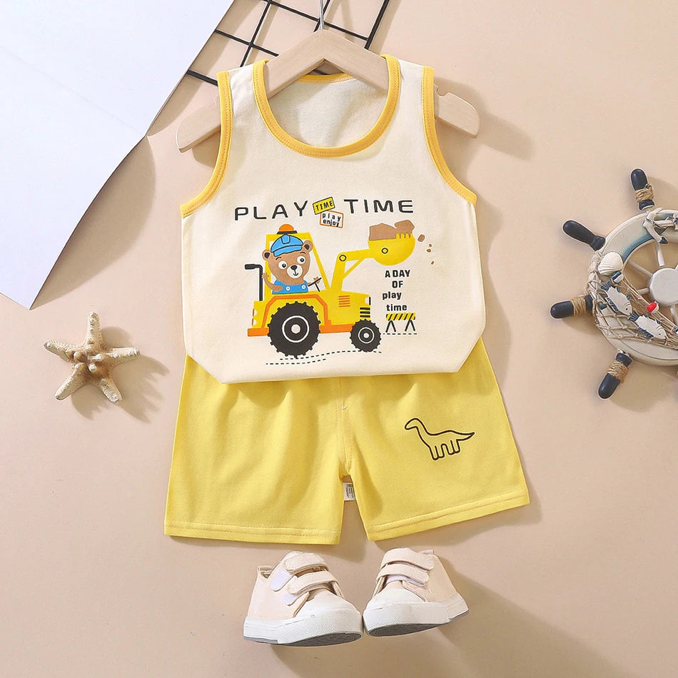 2 Pcs Summer Children's Animal Cartoon Print Vest Sets Girls Clothes Baby Korean Thin Boys Kids Sleeveless Casual Clothing Sets