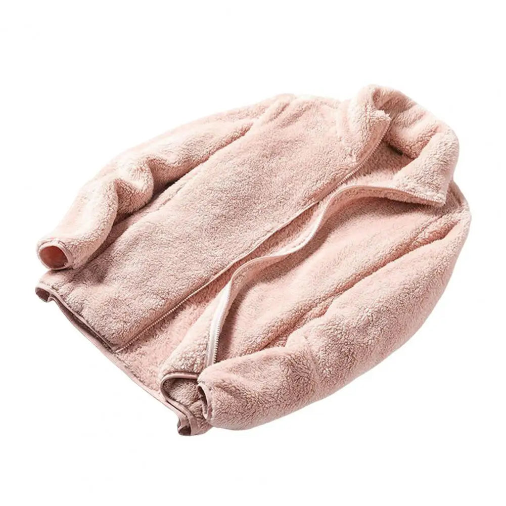 Women Winter Coat Stand Collar Double-sided Fleece Neck Protection Zipper Closure Long Sleeves Heat Retention Outdoor Jacket