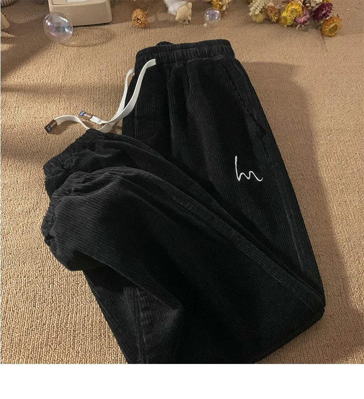 Corduroy Pants for Couples Autumn Winter Loose Fit High Waist Casual Loose Trousers Sports Pants Men Women Trendy Embroidery