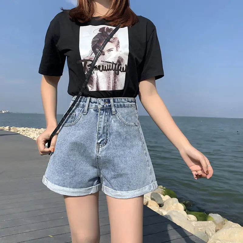 High Waist Loose Fit A- Line Wide Leg Short Jeans Women's Summer Thin New Style Fashionable Cuffed Hot Pants Trendy INS