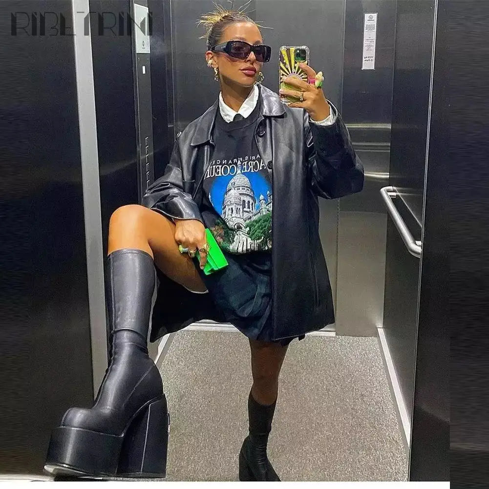 Boots for Women 2022 Knee High Shoes on Platform Heels Punk Style Autumn Winter Chunky Gothic Plus Size Sexy Pole Dance Luxury