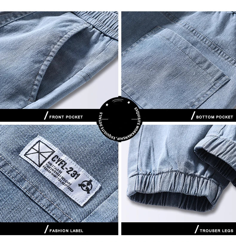 2025 Spring Summer Jeans Men Cotton Thin Beam Feet Harem Pants Elastic Drawstring Waist Light blue Joggers Trousers Male 28-38