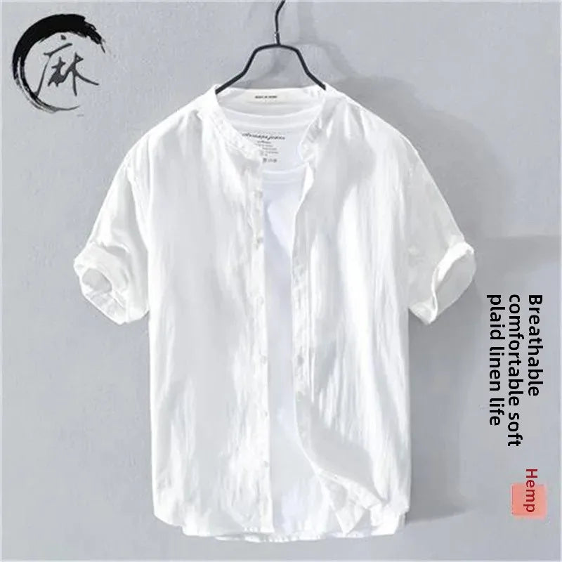 Japanese Style Loose Fit Lightweight Short Sleeve Linen Shirt round Neck Summer Casual Menswear White Cotton Linen Blend