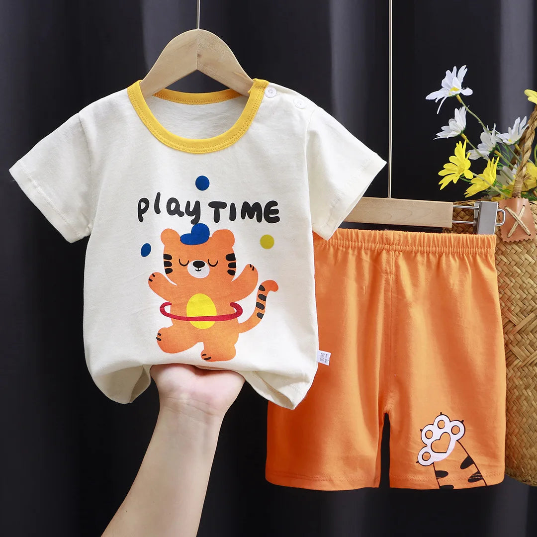 New Boys Summer Clothing Set Full Bear Print Cotton Short Sleeve T-shirts and Shorts 2PCS Breathable Outfit For Girls