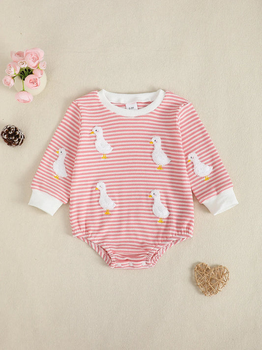Baby Girl Spring Autumn Long Sleeve Duck Embroidered Towel Pattern Romper Onesie Infant Clothing