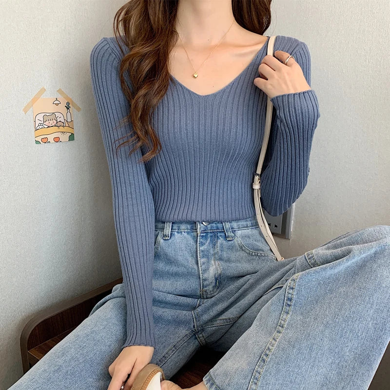 2026 Fashion Casual Long Sleeve Knitted Sweaters Korean Autumn Winter V Neck Sweater Solid Color Slim Pullovers Women Clothes