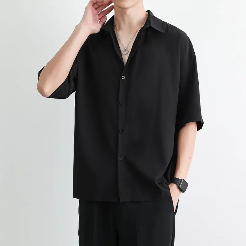 Men's Summer Loose Thin Ice Silk Short Sleeve White Shirt Half Sleeve Open Cardigan Breathable Korean Style Casual Top