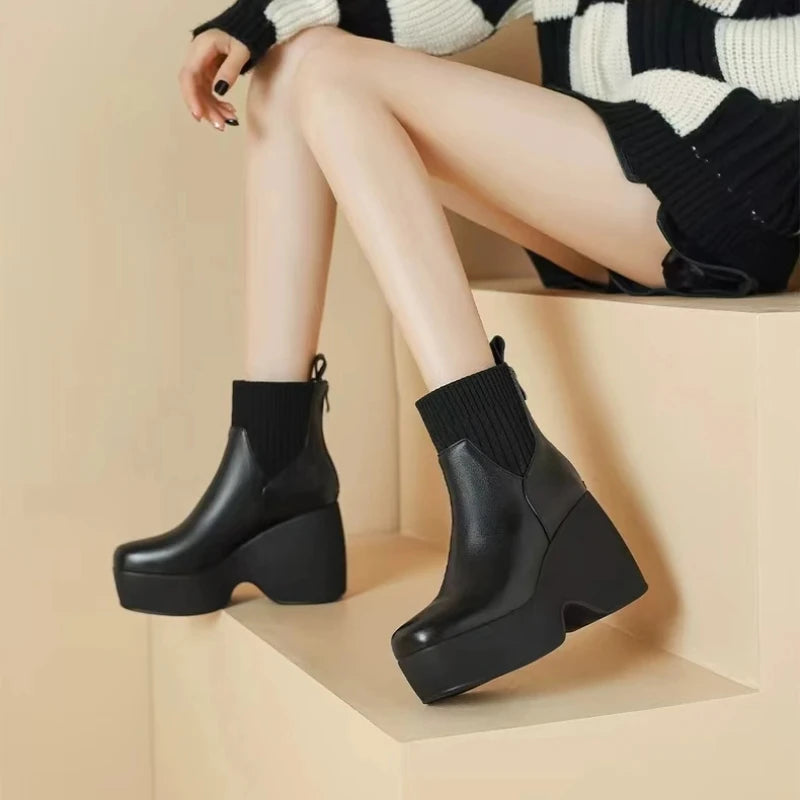 Comfortable Fashion Soft Leather Boots Women's Platform 2024 Winter Warm Round Head Flexible Med Block Sock Mom Ankle Boots