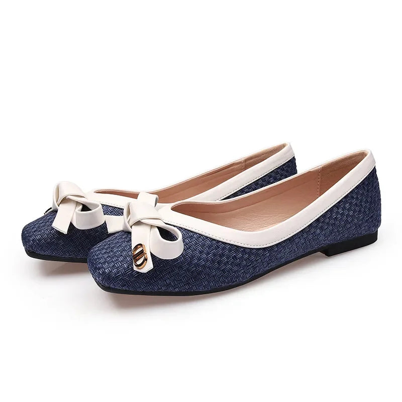 Women's Shoes Spring and Summer 2025 New Fashion Woven Bow Square Toe Flat Shoes Soft Soles Large Casual Ballet Shoes