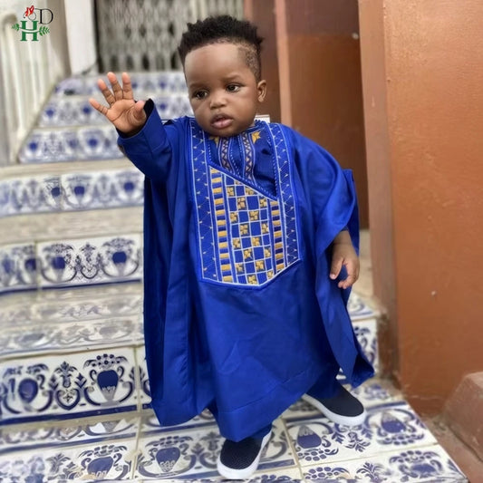 H&D 2025 African Tradition Clothes For Kids Boys White Blue Long Sleeve Tops Embroidery Dashiki Robe Shirt Pant Child Set 3 PCS