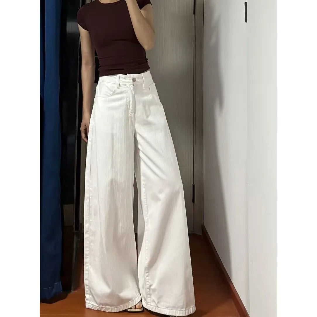 High Waist Wide Leg Straight Cut Jeans White Loose Slimming Drapey Floor Length Trousers Street Style Trendy Jeans