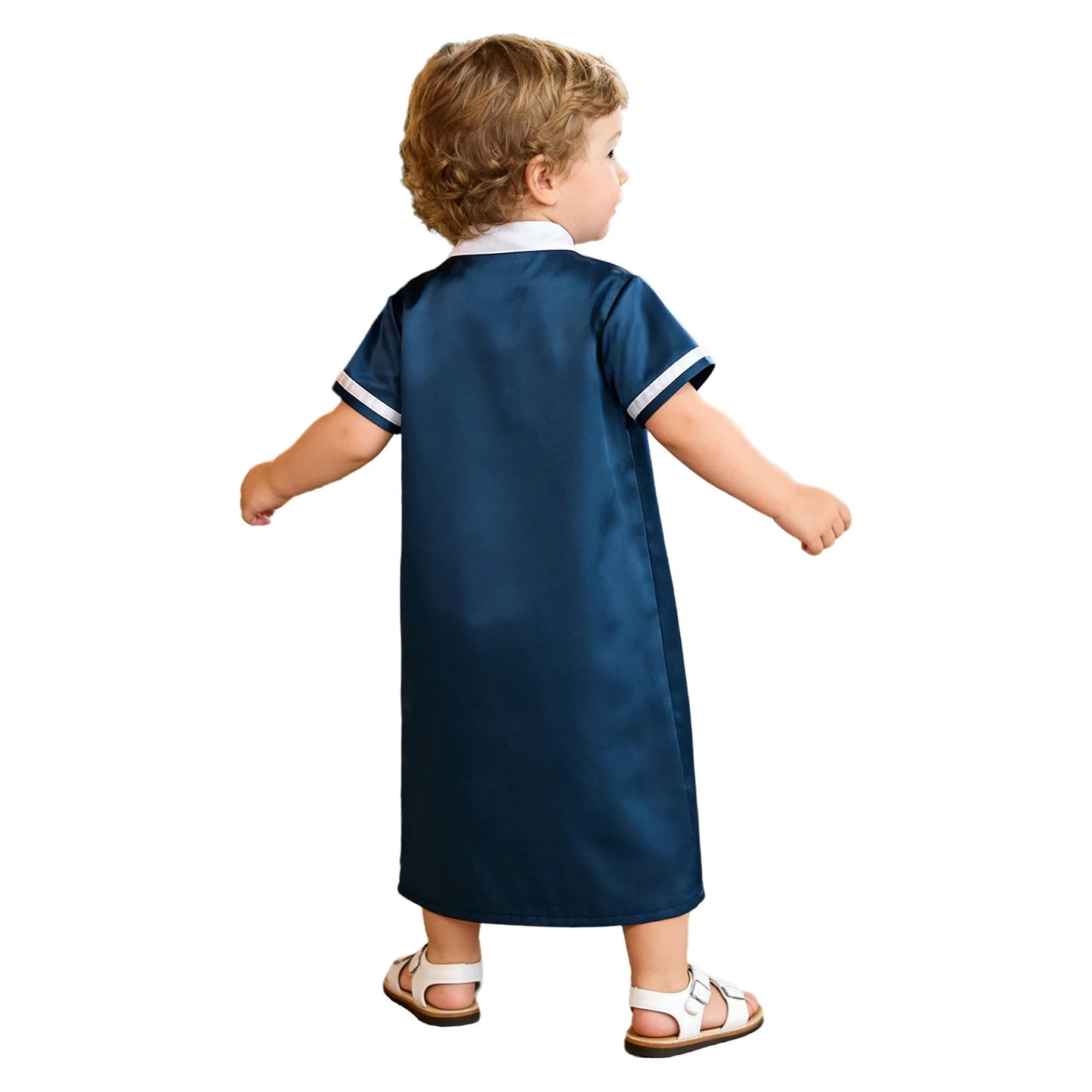 Muslim Baby Boys Robe Ramadan Eid Abaya Stand Collar Short Sleeve Satin Dress Gown with Pocket Arabic Islamic Dubai Kaftan Thobe