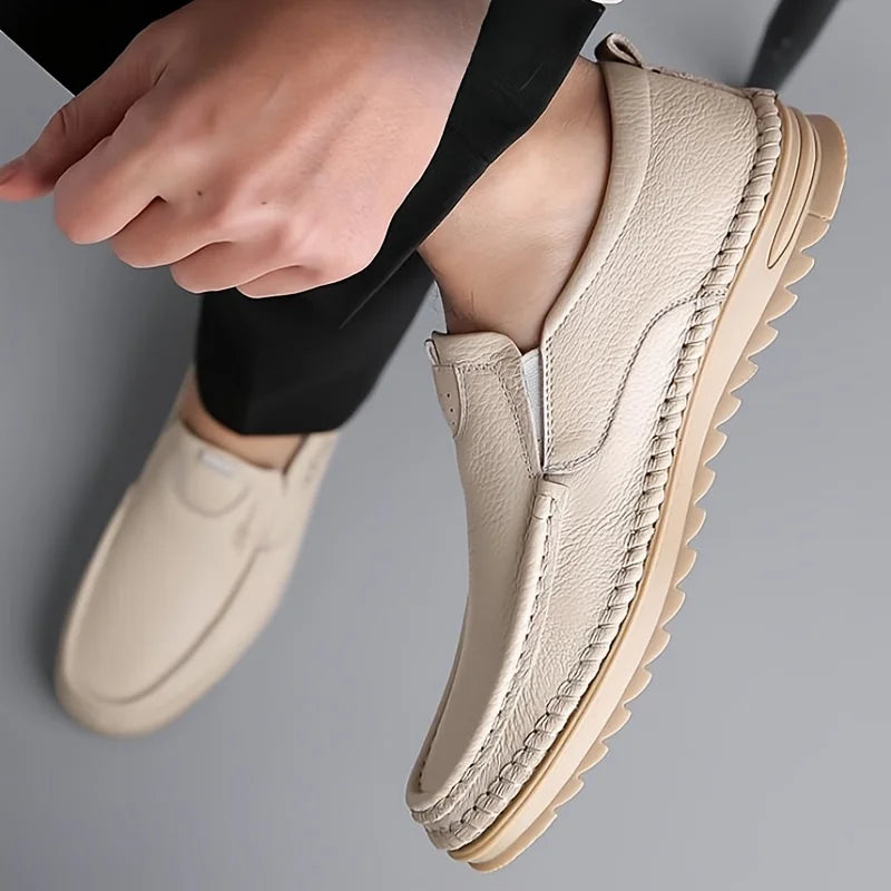 Classic Leather Loafers for Men - Elegant Beige Slip-On Shoes with Round Toe Ideal for Business and Casual Outfits
