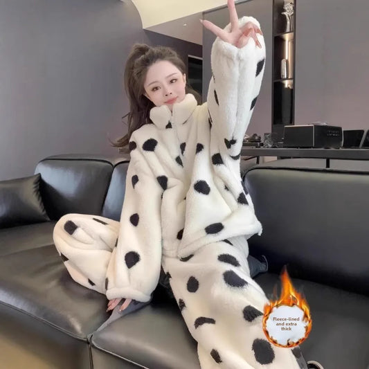 Thickened Flannel Home Set Sleepwear for Women Autumn Winter Style Long Sleeve Long Pants Home Warmth Outdoor Polka Dot Design