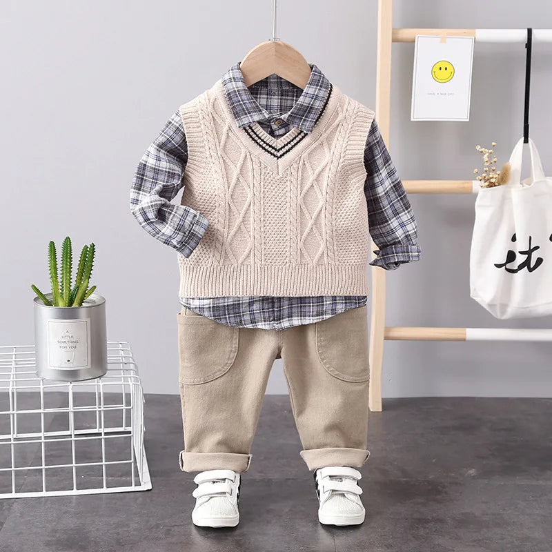New Spring Autumn Baby Boys Clothes Suit Children Casual Plaid Shirt Vest Pants 3Pcs/Sets Toddler Cotton Costume Kids Tracksuits