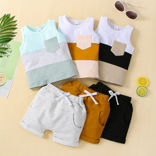 Infant Baby Boys 2PCS Pants Suit, Sleeveless Patchwork Crew Tank Tees + White Straps Short Pants, Toddler Boys Casual Outfit
