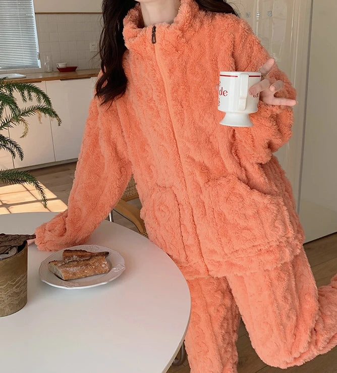 Women's Winter 2 piece sets women outfit Coral fleece pajamas home set Stand Collar Zip Up Fuzzy Teddy Top high waisted Pant Set
