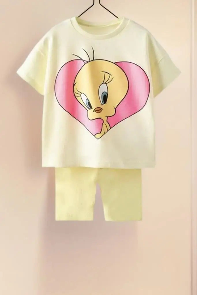 Lovely Toddler Girls' 2 Knit Sets Tweety Bird And Minnie Mouse Printed Tops + Shorts Cartoon Print Children Costume Cotton Suit