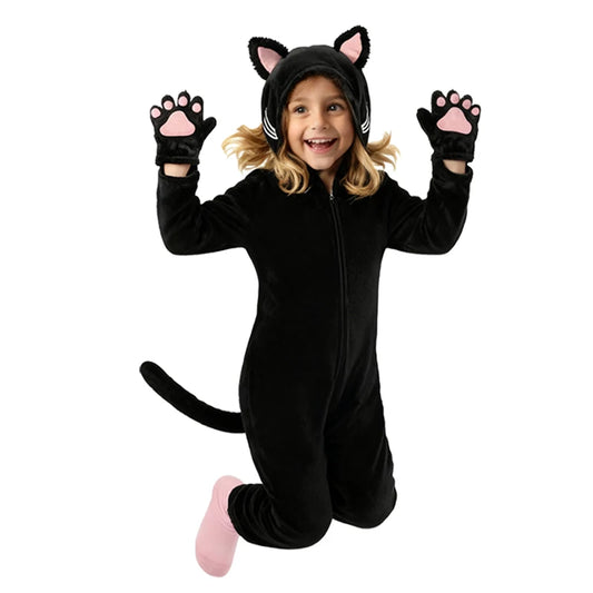 Girls Black Cat Leopard Cat Cosplay Costume Child Anime Pajamas Animal Onesies Kigurumi Christmas Halloween Jumpsuit Party Gift