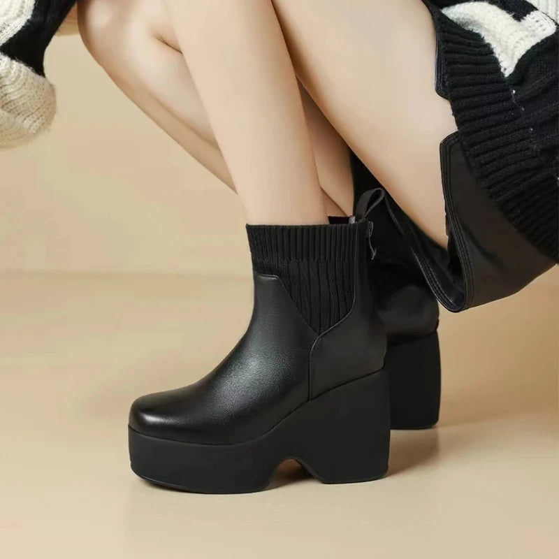 Comfortable Fashion Soft Leather Boots Women's Platform 2024 Winter Warm Round Head Flexible Med Block Sock Mom Ankle Boots